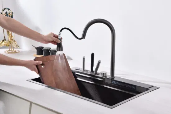 New Design Styles Waterfall Faucet and Sink Kits Touchless Sensor Digital Display Kitchen Sink Faucets