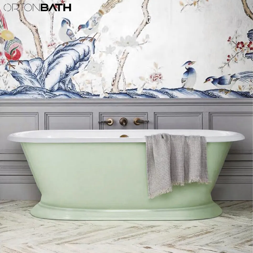 Ortonbath Light Green Painted Pedestal Soaking Freestanding Cast Iron White Enameled Handmade Bathroom Tub Bathtub Without Faucet Mixer