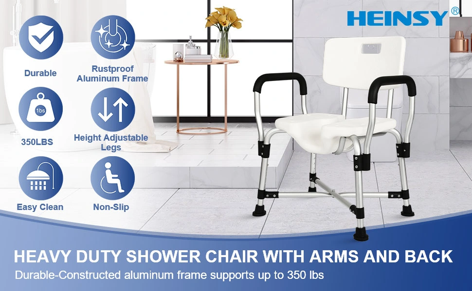 Heinsy Heavy Duty Bath Shower Chair with Portable Arms Padded Bench Lift Height Adjustable Legs for Bathtub