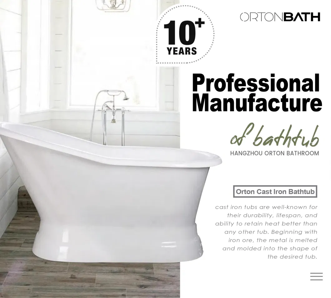 Ortonbath Small Size Slipper Pedestal Soaking Freestanding Cast Iron White Enameled Handmade Bathroom Tub Bathtub Without Faucet Mixer