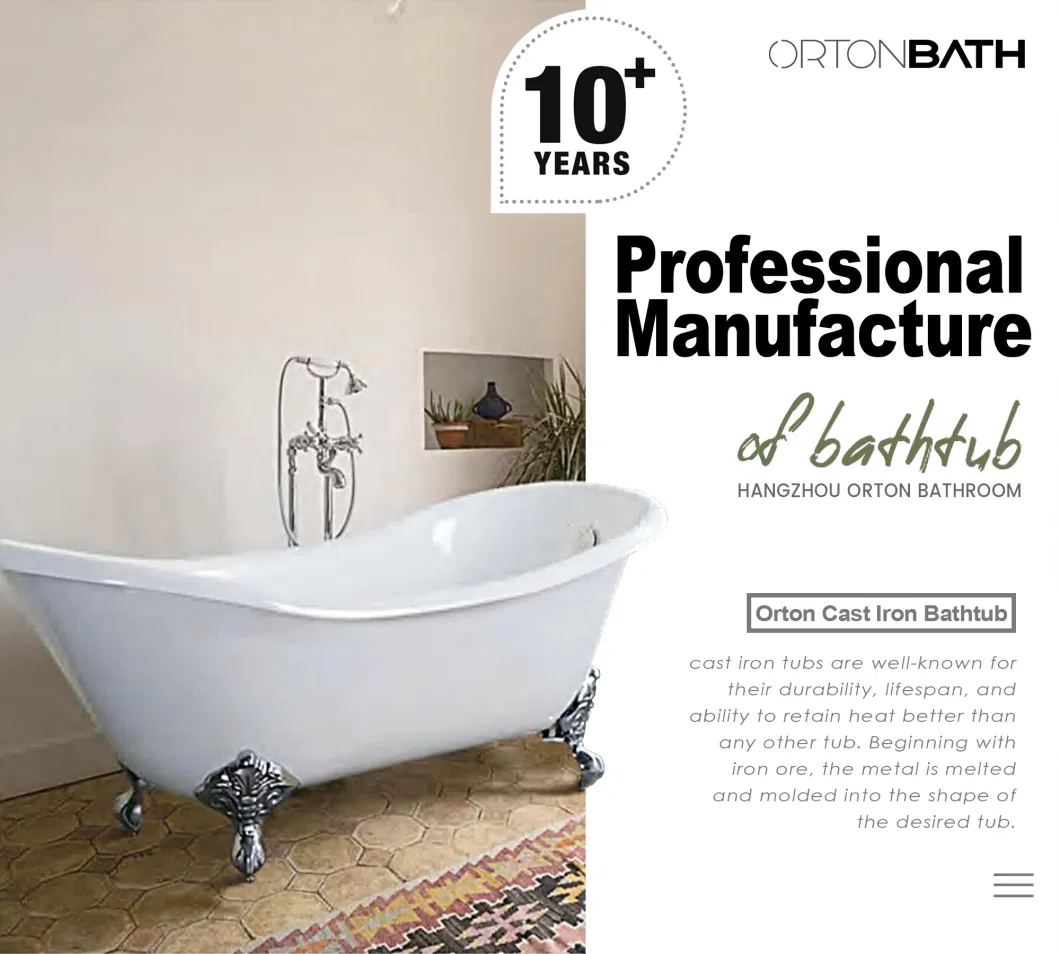 Ortonbath Rolled Rim White Pedestal Soaking Freestanding Cast Iron White Enameled Handmade Bathroom Tub Bathtub Without Faucet Mixer